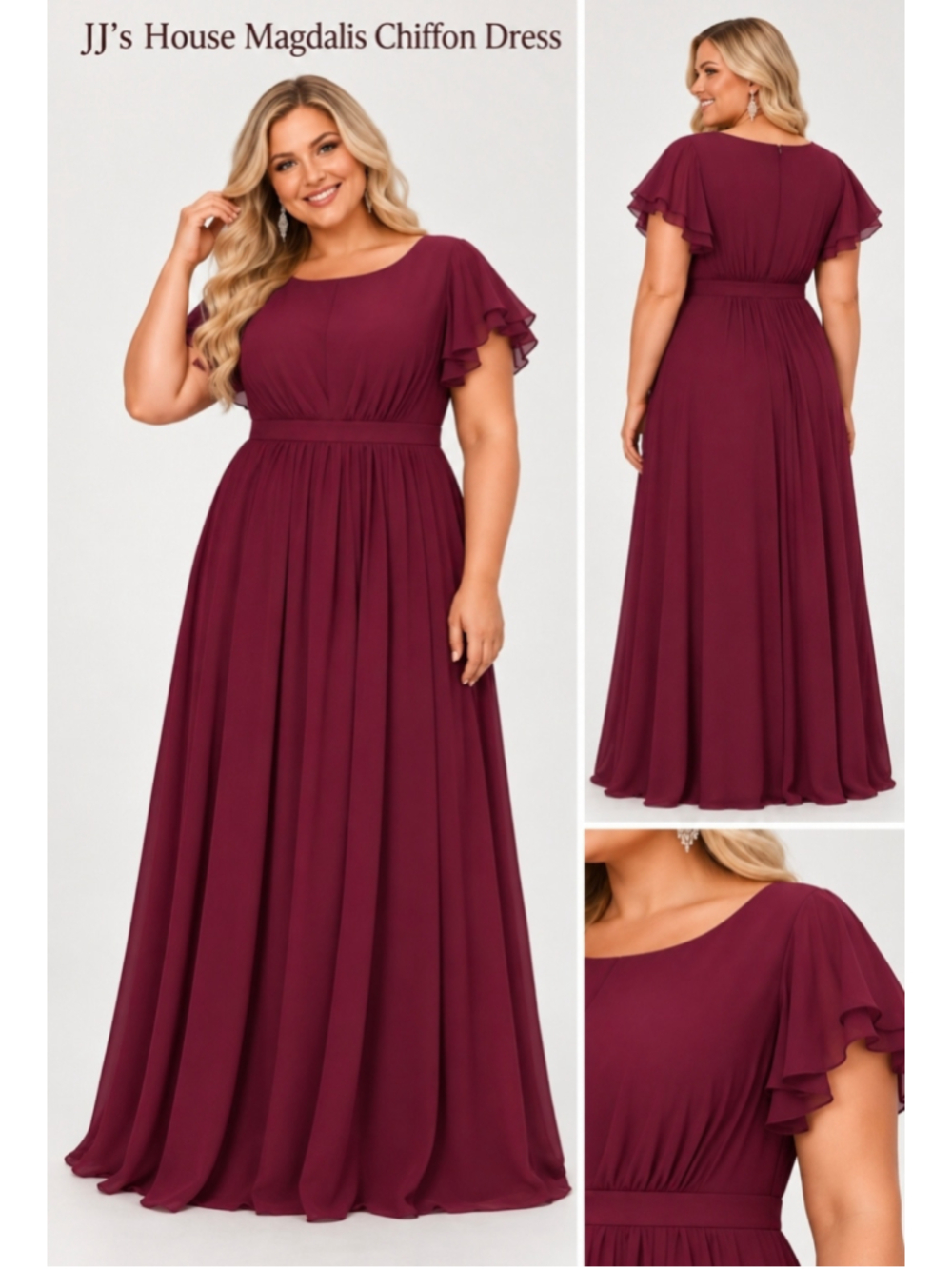 JJ’s House NWT Magdalis Cabernet Chiffon A-Line Flutter Sleeve Maxi Dress 14